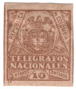 (I.B) Colombia Telegraphs : 10c Brown on Buff (1896)