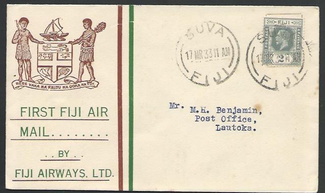 FIJI 1933 first flight cover - Suva to Lautoka.............................25781