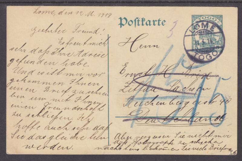 Togo Mi P17 used 1914 5pf Postal Card, LOME to SAXONY