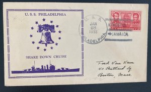 1938 US Navy Post Office Kingston Jamaica Cover to Boston MA USA USS Philaldephi