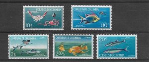 COLOMBIA 1966 FISH MARINE FAUNA SET OF 5 VALUES MINT NH SCOTT 760/1 C481/3