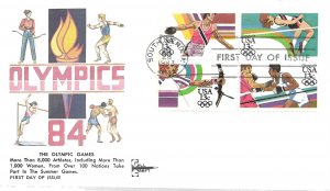 1933 FDC, #2051a, 13c Olympics 1984, Gill Craft, block of 4