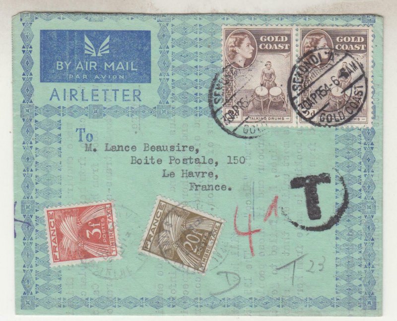 GOLD COAST, 1954 Airletter QE 2d.(2), SEKONDI A to France, Taxed 3f. & 20f.