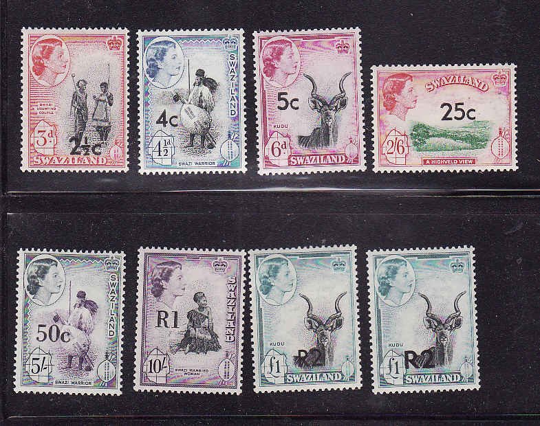 Swaziland-Sc#71,73,74,76,77a,78a,79b,79a-eight unused hinged from the QEII defin