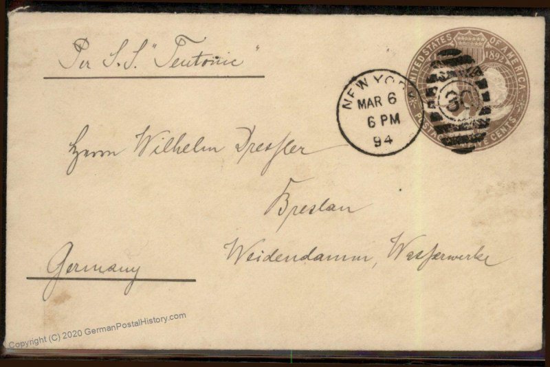 USA 1894 Steamer Teutonic Germany Columbian Postal Stationery Transatlanti 95711