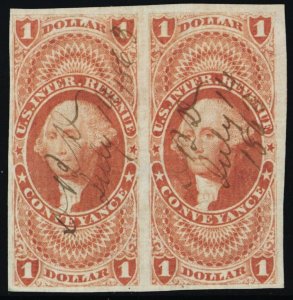 R66a, Used $1 VF Imperforate Revenue Pair * Stuart Katz