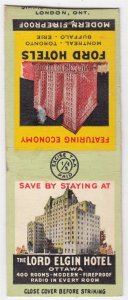 Canada Revenue 1/5¢ Excise Tax Matchbook LORD ELGIN HOTEL Ottawa