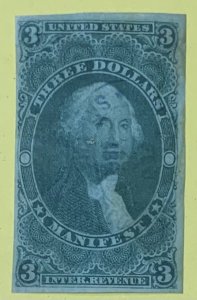 USA 1862-71 FIRST ISSUE REVENUE $3 IMPERF HANDSTAMP CANCELLATION. VERY SCARCE