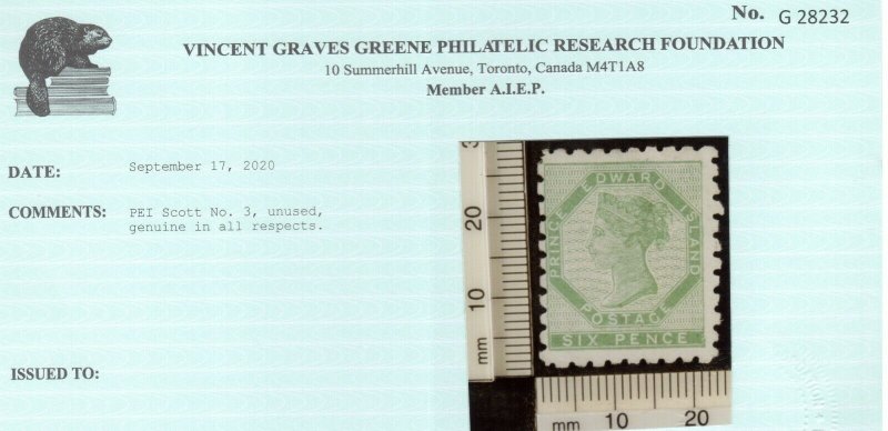 Prince Edward Island #3 Mint Fine Unused (No Gum) Fault Free *With Certificate*