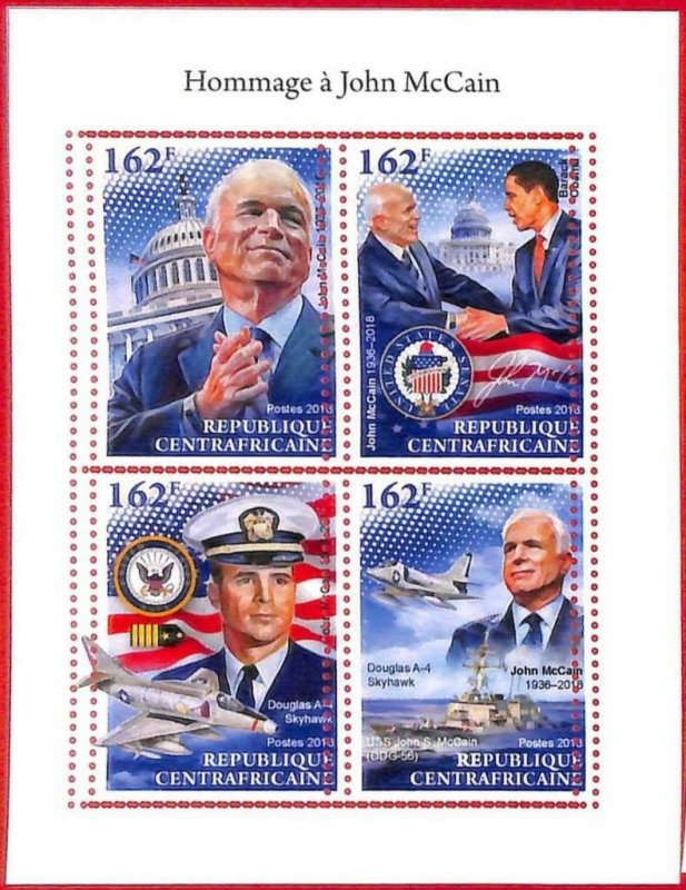 A1628  CENTRAL AFRICAN  - ERROR: MISSPERF S/S -2018 McCain Obama FLAG Airplane