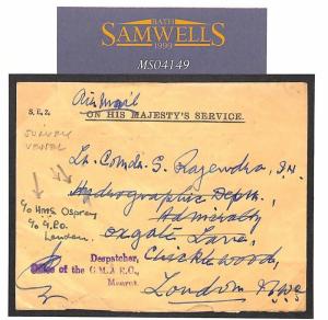 INDIA Meerut OFFICIAL Cover Royal Navy SURVEY VESSEL Air Mail 1950 MS4149