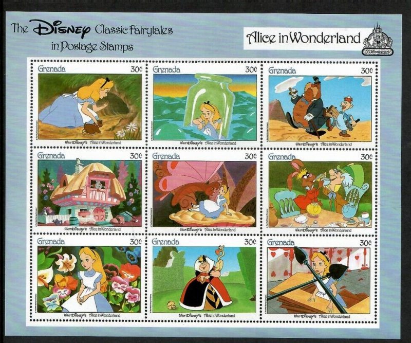 Grenada 1988 - Disney - Alice In Wonderland - Sheet of 9 Stamps - MNH