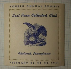 East Penn Collectors Club Exhibit Fleetwood PA 1941 Philatelic Souvenir Ad Label