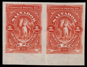 ✔️ EL SALVADOR 1890 - VICTORY IMPERF  1 PESO PAIR - Sc. 46 Mi. 35 MNGAI [017]