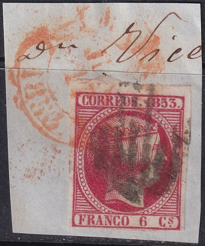 Spain 1853 Sc 19 used red date (fechador) & grid (parrilla) cancels on piece