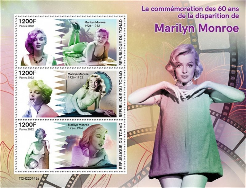 CHAD - 2022 - Marilyn Monroe - Perf 3v Sheet - Mint Never Hinged