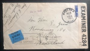 1941 Brooten MN USA Airmail Cover to Netherlands Returned Service Suspended