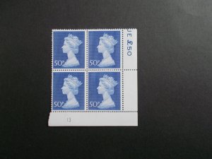 1970 50p Machin High Value in Plate Block of 4 (Plate 13) on Contractor's Paper