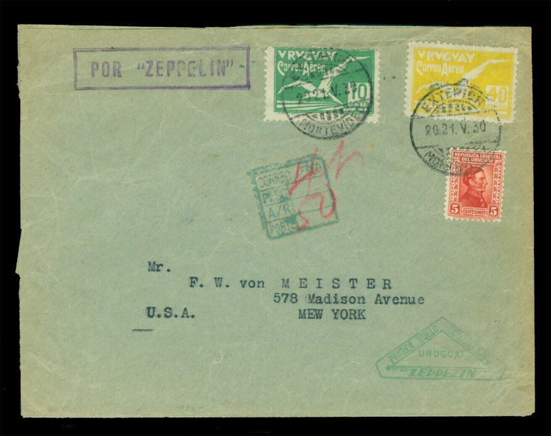 URUGUAY 1930.5.21 AIRMAIL Albatross ZEPPELIN 1st South American flight cvr to US