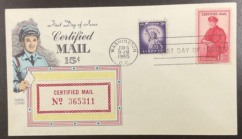 FA1 Fluegel cachet Certified Mail, Postman FDC 1955