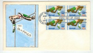 Watercolor HANDPAINTED FDC C97 AIRMAIL 1980 OLYMPICS Block of 4 Colorado