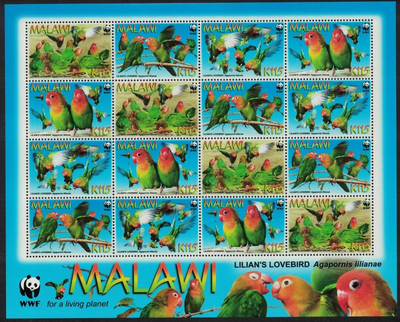 Malawi WWF Lilian's Lovebird 'Agapornis lilianae' Sheetlet of 4 sets