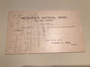 U. S. Mechanics National Bank Wall Street N. Y. 1907 postal card 67169