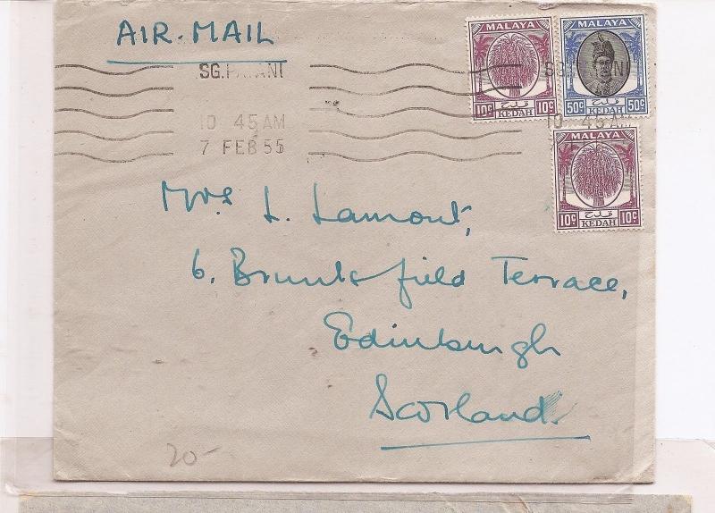 Malaya Kedah 10c x2 + 50c cover to Scotland (bae)