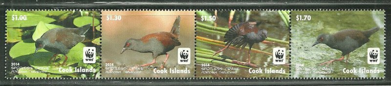 Cook Islands MNH Strip 1524a-d Spotless Crake Bird 2014 SCV 8.75