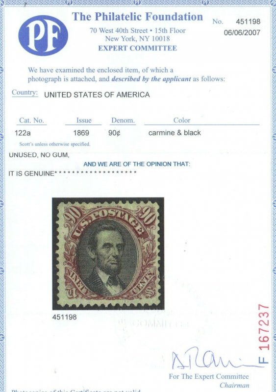 USA no 122a very fine mint unused but no gum certificate s