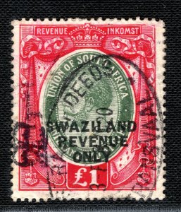 SWAZILAND KGV Revenue Stamp Overprint £1 High Value (1922) Used Bft.85 2WHITE45