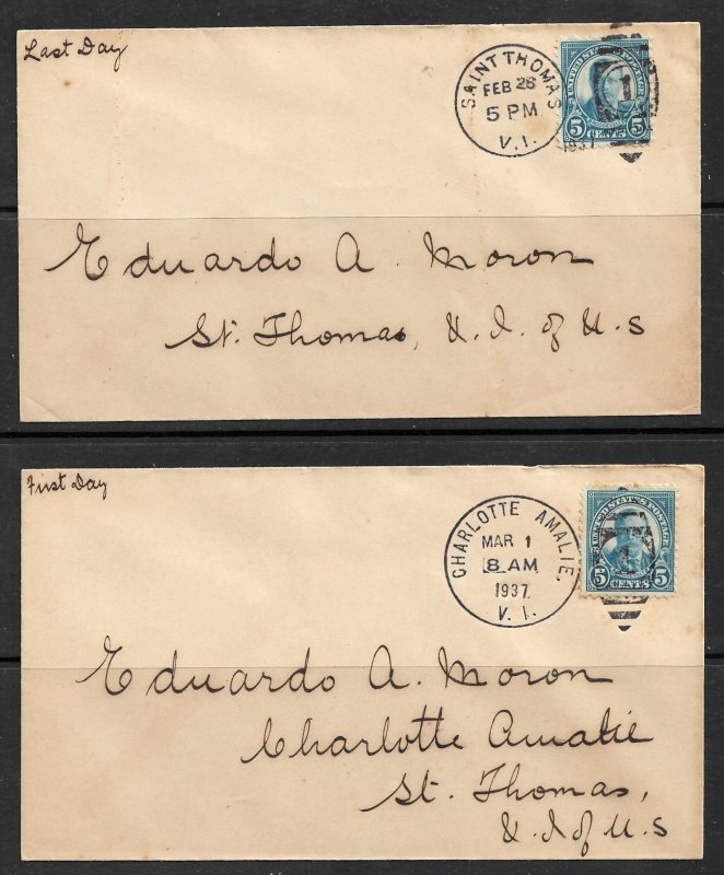 US VIRGIN ISLANDS 1937 Last Day ST Thomas & First Day Charlotte Amalie Covers