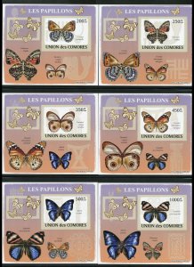 Comoro Islands 1091a-f MNH Butterfly Imperf Souvenir Card Set from 2009