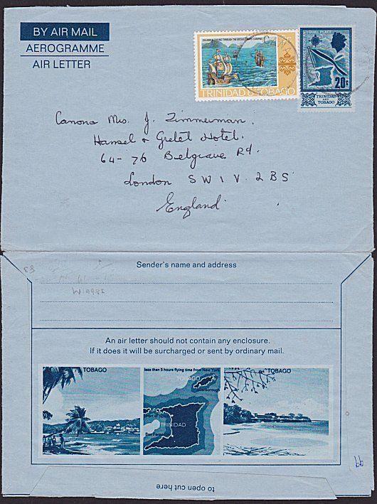 TRINIDAD 1978 20c pictorial airletter uprated commercially ussed to UK......6076