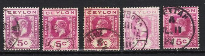 Ceylon - 1912 KEV  5c shades stamp lot  (8617)