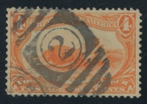 USA 287 - 4 cent Trans Mississippi - VF Used with bold numeral 2 hand stamp