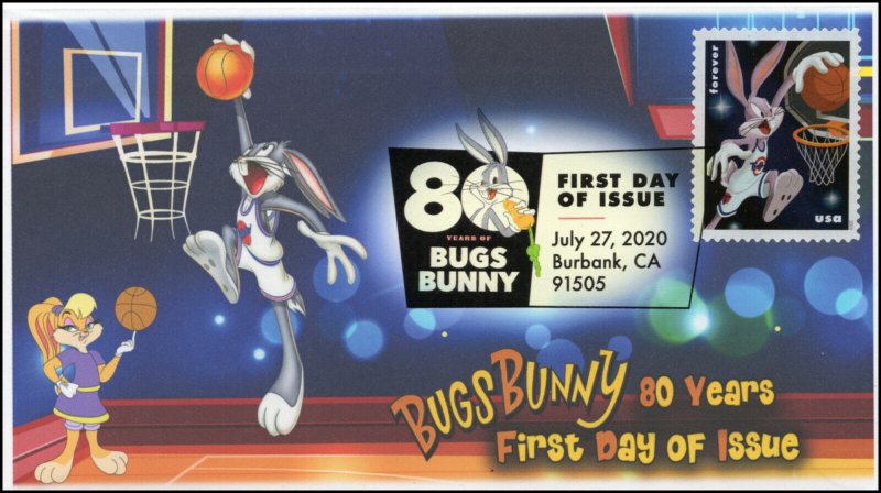 20-201, 2020, SC 5495, Bugs Bunny, First Day Cover, Digital Color Postmark, 80th