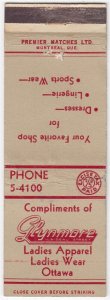 Canada Revenue 1/5¢ Excise Tax Matchbook GLYNMORE LADIES APPAREL Ottawa, Ont.