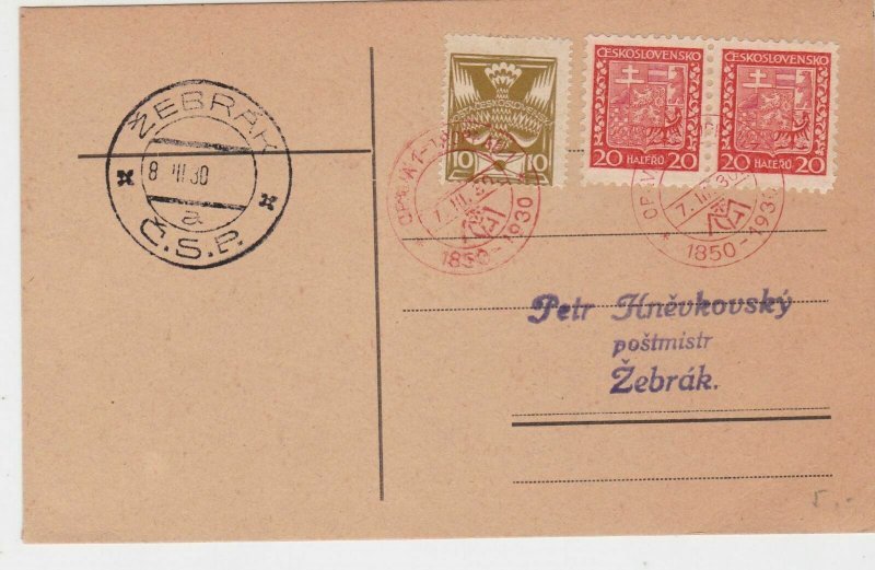 Czechoslovakia 1930 Souvenir Stamps Zebrak Cancels Card Ref 23868