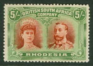 SG 159 Rhodesia 1910-13. 5/- vermilion & bright green, perf 14. A fine fresh...