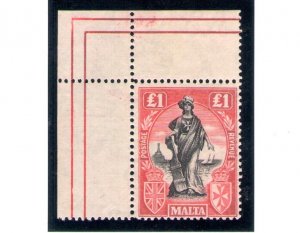 1921-22 MALTA - 1 Pound Carmine, 1 £, Corner sheet - Corner sheet, n . 101 S.G