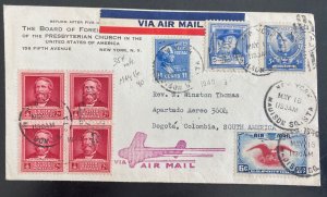 1940 New York USA missionary Airmail Cover To Rev Thomas Bogota Colombia