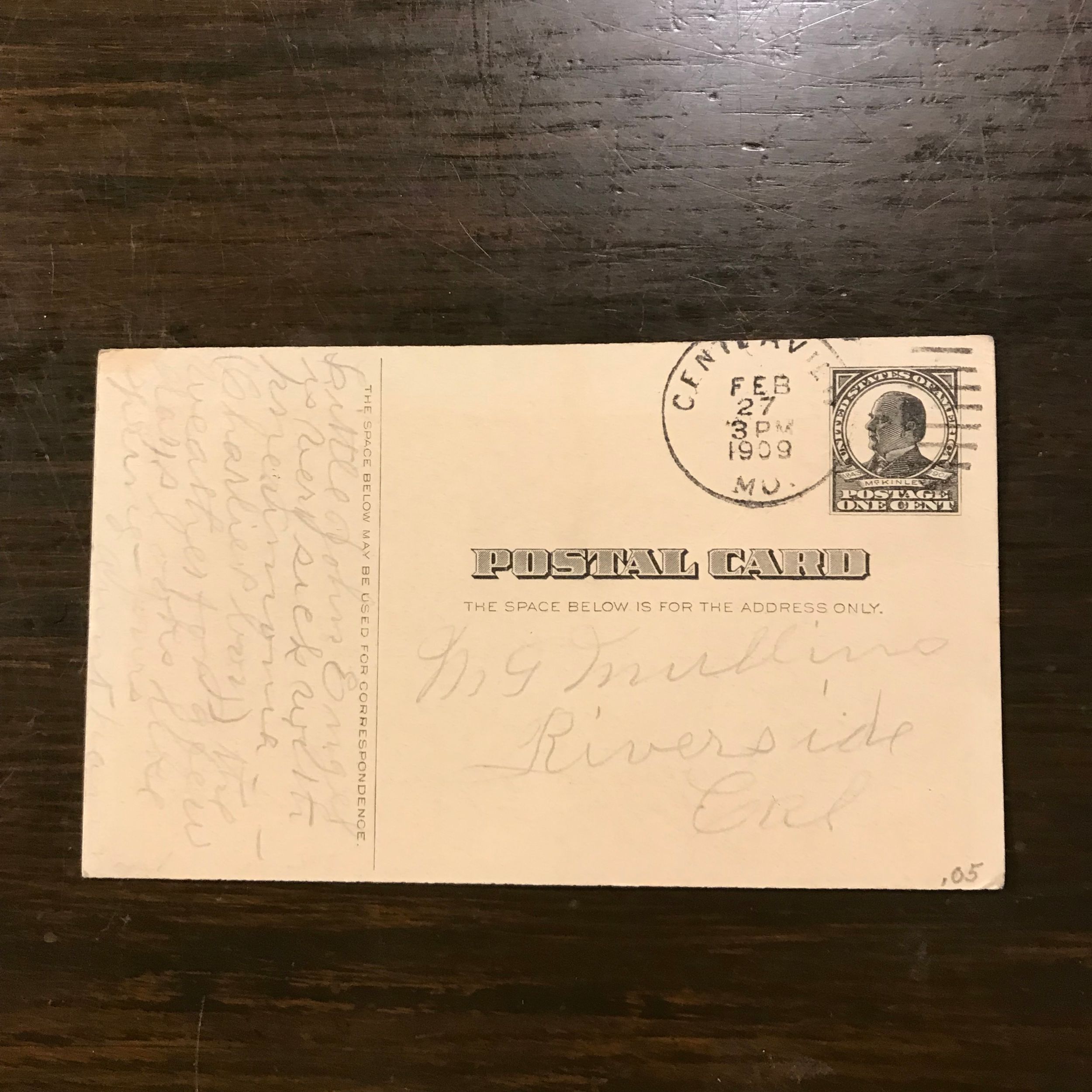 US SC UX19 1¢ McKinley Post Card (2) Canceled FEB. 1909 Centerview, MO
