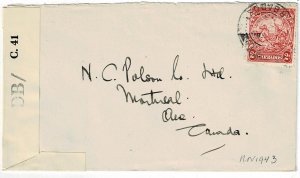 Barbados 1943 GPO cancel on cover to Canada, censored