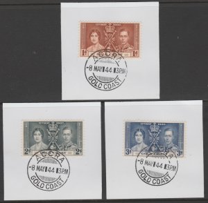 GOLD COAST  1937 CORONATION set of 3 on pieces with MADAME JOSEPH  POSTMARK