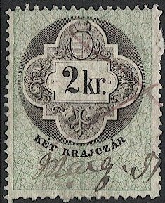 HUNGARY 1868 Barefoot 3, 2kr Used General Revenue, pen cancel, Coat of Arms