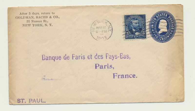 USA - FRANCE 1903 5c ENVELOPE +5c ADDED, NY TO PARIS, NY FOR BCH H/S+PARIS RECVR 