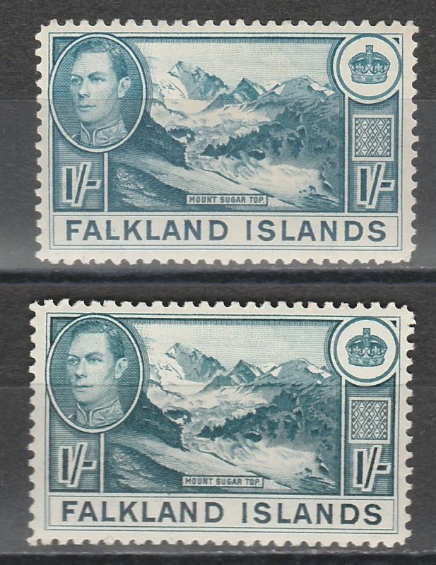 FALKLAND ISLANDS 1938 KGVI MOUNT SUGAR TOP 1/- 2 SHADES