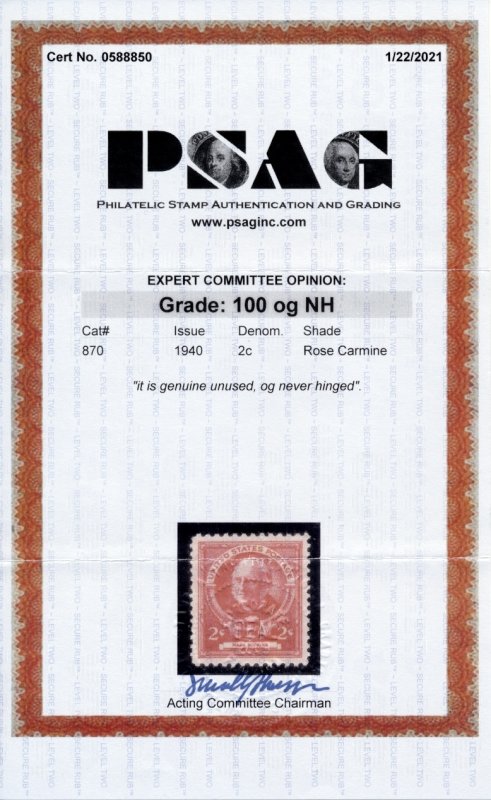 US 870 UNUSED OG MNH 2C MARK HOPKINS, EDUCATOR,1940, 2021 PSAG CERT GRADED 1...