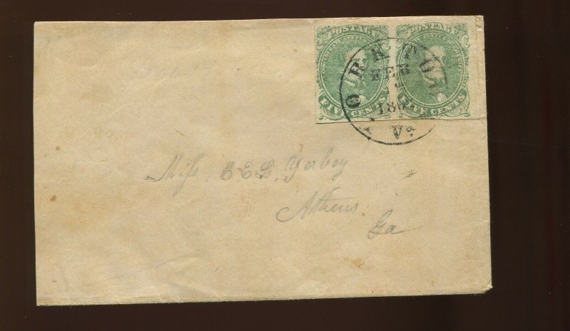 Confederate States 1 Used Pair on Cover Yorktown VA to Athens GA (CV 335)